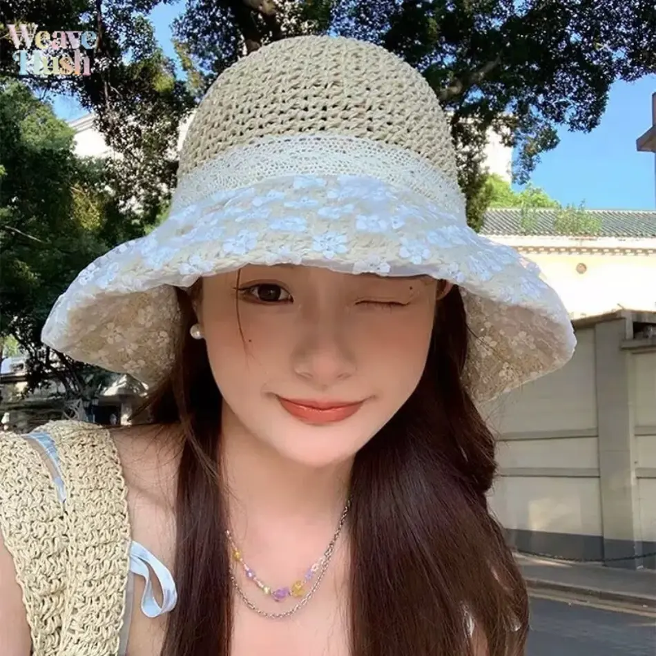 2026 New Women’s Lace Straw Bucket Hat, Summer Sunshade Sunscreen UV Protection Hat, Delicate Floral Design, Breathable Lightweight Beach Hat for Seaside Vacation, Elegant All-Match Sun Hat Perfect for Travel, Outdoor & Daily Casual Wear