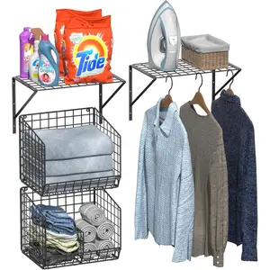 2 Pack Laundry Room Shelves with Wire Baskets, Over Washer and Dryer Shelf, Wall Mounted Storage & Clothes Drying Rack for Laundry Closet Organization Storage-Black