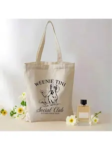 1pc Funny Dachshund Weenie Tini Social Club Tote-Style Shoulder Bag - Double-Sided White & Canvas Handbag With Black Dog Print, Martini & Dachshund, Sturdy Pet Lover Accessory &
