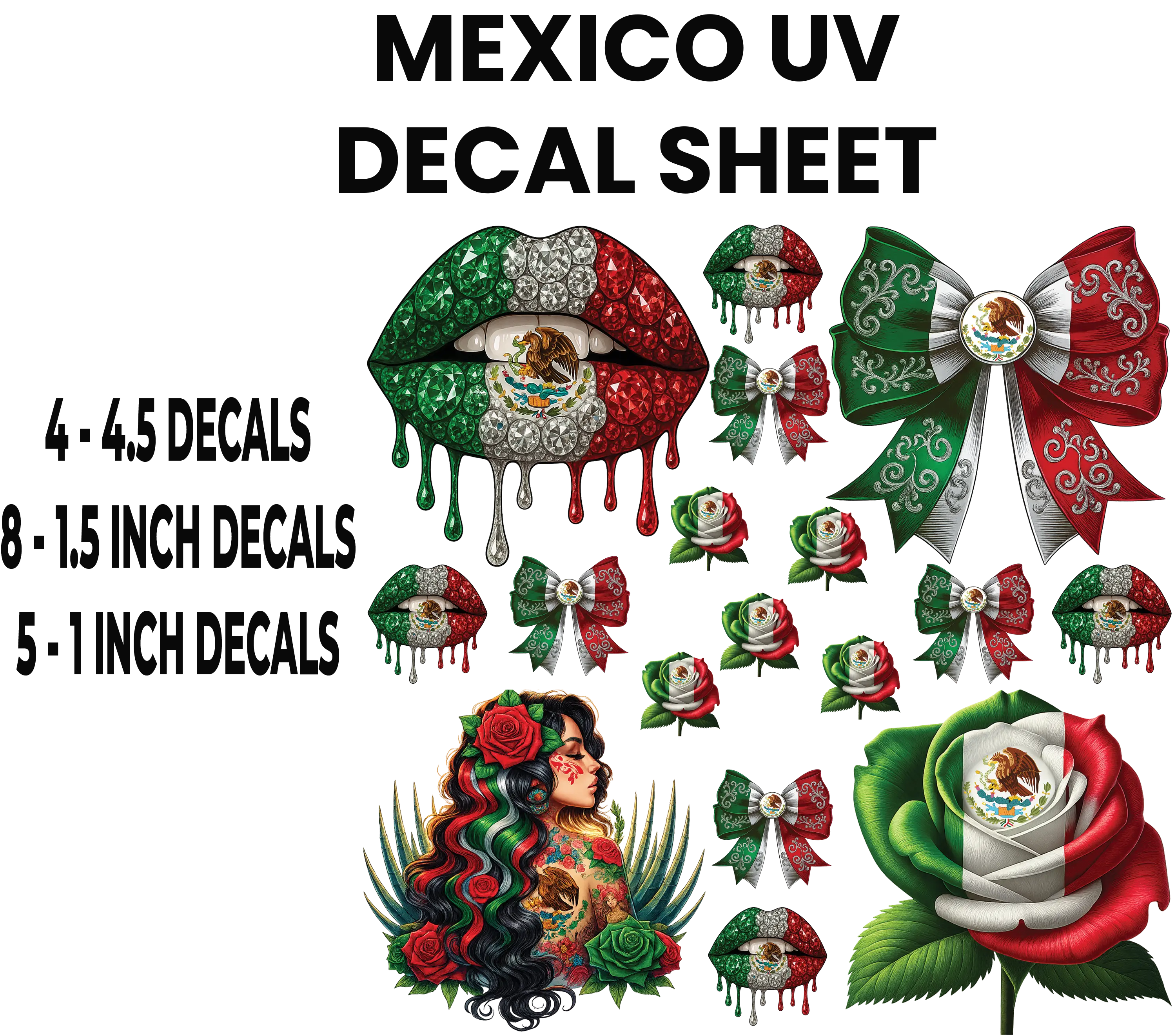 Mexico UV Decal Sheet - 4-6 Decals, 8-10 Inch Designs, 5-6 Inch Decals, Perfect for Decorative Use