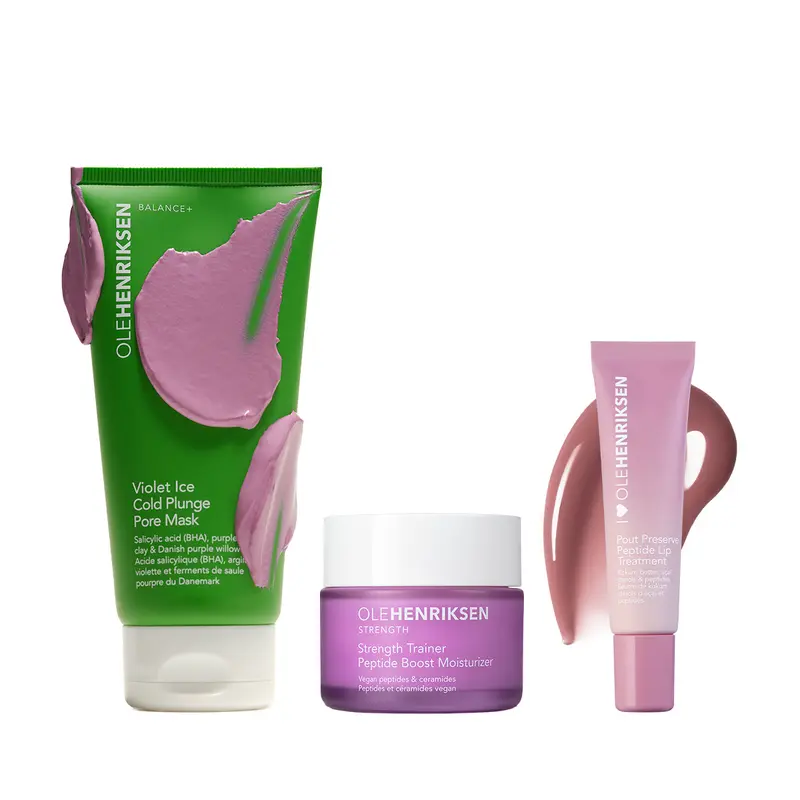 Cold Plunge Pore Reset - Violet Ice Cold Plunge Pore Mask + Strength Trainer Peptide Boost Moisturizer 0.5 oz + Pout Preserve Hydrating Peptide Lip Treatment Bundle