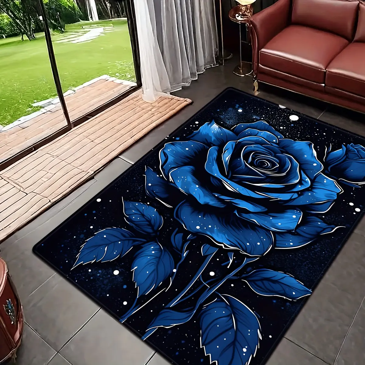 1pc Flannel Fiber Decorative Area Rug - Blue Flower Pattern Square, Bedroom/Living Indoor Home Bathroom Supplies, Flower Pattern Rugs