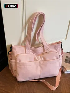 Valentine's Day soft pink corduroy large capacity tote bag, Matching shoulder bag, multi-pocket shoulder/crossbody bag, autumn/winter casual commuter bag, suitable for dates, shopping