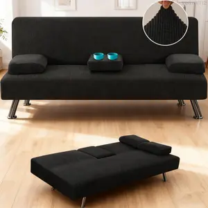4 Pieces Stretch Futon Covers Sofa Bed Slipcover with Removable Armrests and Cupholders Covers Furniture Protector High Spandex Small Checks Jacquard Fabric, BlackXXSTYOUT12