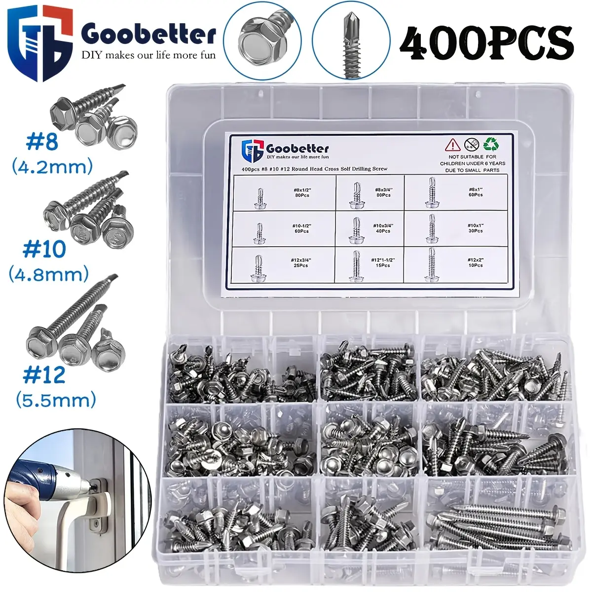 410 Stainless Steel Self Tapping TEK Screws Assortment,#8#10#12 Hex Head Self Drilling Screws for Metal