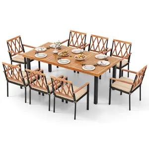 COSTWAY - 9 Pieces Patio Dining Set 39.5 Inch Acacia Wood Table with Umbrella Hole and 22.5-Inch Wide Chairs