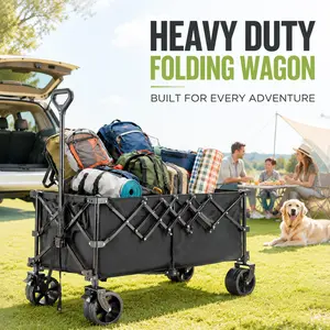 【Deals for You Days】Sweetcrispy Wagon Cart Collapsible 440lbs Foldable Extra Long Heavy Duty Utility Wagon with Wheels, Portable Storage Grocery Cart for Camping, Shopping, Sports, Beach, Garden