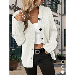 Women's Solid Color Button Drawstring Long Sleeve Light-Weight Single-Breasted Hooded Cardigan, Autumn Winter Knit Outerwear womens streetwear Black Grey White S-XL