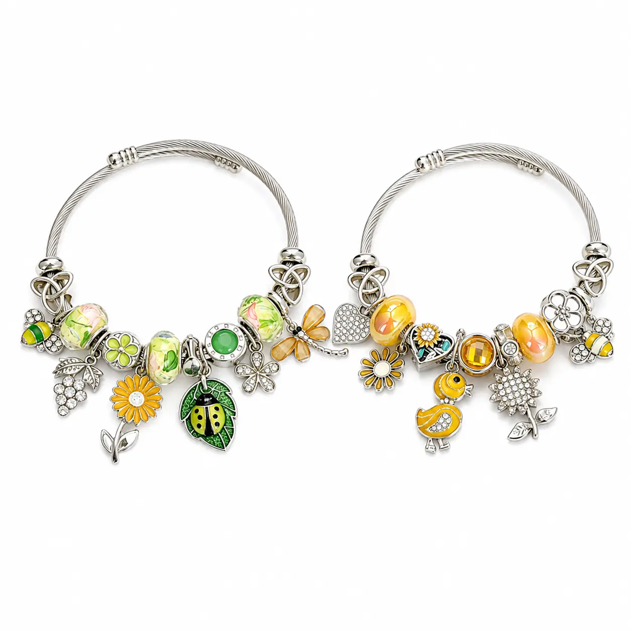 Women's Silver-Tone Open Bangle Bracelet - Colorful Nature Charm Jewelry with Flower, Bee, Ladybug Accents, 2 Styles, Everyday Gift for Women