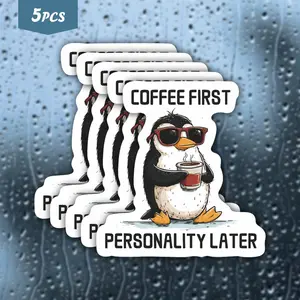5Pcs Funny Coffee Penguin Waterproof Vinyl Sticker, "Coffee First Personality Later" Self-Adhesive Decal for Water Bottles, Laptops, Cars, Tablets, Ideal for Casual Style and Coffee Fans