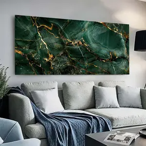 1 Framed Canvas Painting - Marble Canvas Art - Emerald Green and Gold Textured Wall Decor for Living Room or Office, Modern Abstract Art, Wall Art Decor Decoration Ornaments Artistic Photo