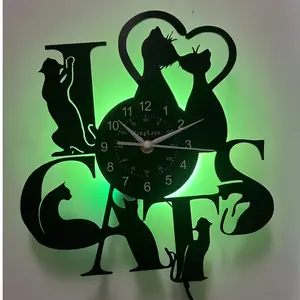Cat Theme LED Atmosphere Vinyl Wall Clock, Led Wall Clocks, Lighted Wall Clock, Perfect for Cat Lovers' Bedroom and Living Room Decor, Ideal Gift Idea