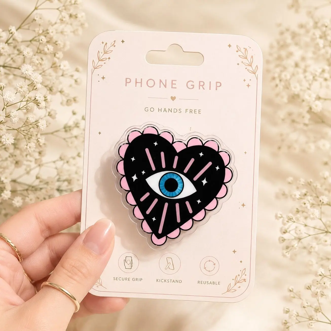 Heart Shaped Phone Grip, Scalloped Aesthetic Phone Holder, Universal Magnetic Collapsible Stand for Smartphones and Tablets, 1 Pack
