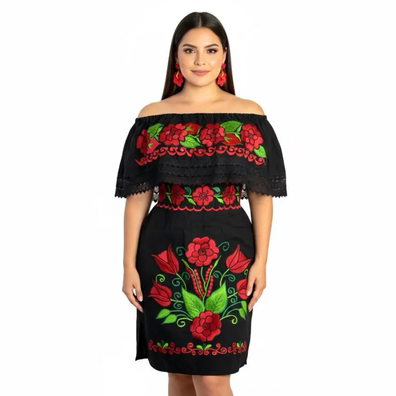 green emerald velvet dress Hand Embroidered Strapless Mexican Dress (Red, Small) at Amazon Women's  Clothing store main image 0