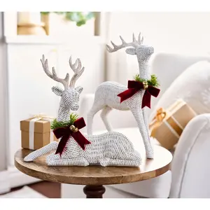 Set of 2 Wicker Design Deer w/ Ribbon Embellishment by Valerie