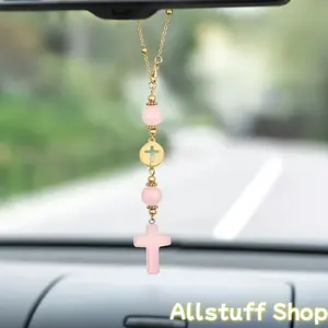 Cross Crystal Hanging Car Charm | Cute Healing Stones Car Decor for Rear View Mirror, Boho Handmade Sun Catcher Ornament Accessories, Tiger Eye Crystal Protection for Women