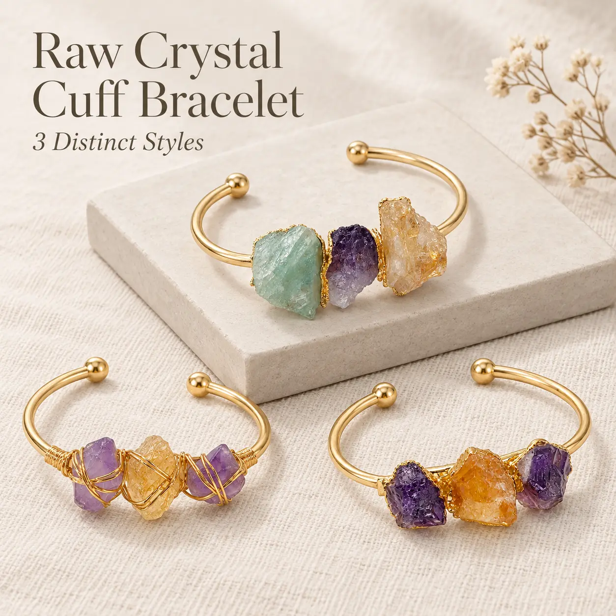 Solyresse Women's Natural Raw Crystal Cuff Bracelet - 3-Stone Open Boho Stone Bangle, Amethyst/Citrine/Fluorite, Gold-Tone Wire-Wrapped Chunky Jewelry, Amethyst Bracelets & Bangles, Arm Candy Accessories for Daily Wear, Female Gifts Boho Chic Crystal Boho