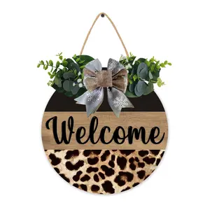 Welcome with Bow Wooden Sign (12x12 inch), Minimalist Leopard Welcome Door Hanger, Outdoor Welcome Hanging Sign for Front Door Porch Farmhouse Yard Decor, Rustic Farmhouse Design