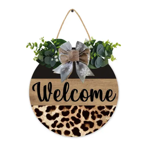 Welcome with Bow Wooden Sign (12x12 inch), Decorative Sign, Minimalist Leopard Welcome Door Hanger, Outdoor Welcome Hanging Sign for Front Door Porch Farmhouse Yard Decor, Rustic Farmhouse Design, Home Decoration, Home Decor Products