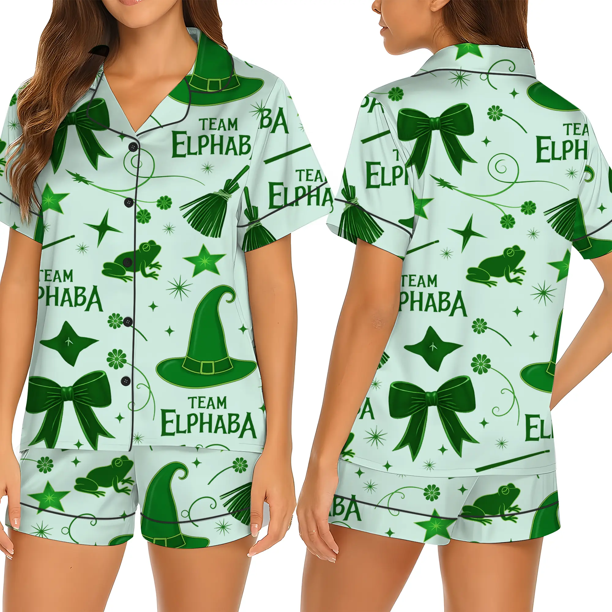 Wicked Pajama Set, Glinda & Elphaba Inspired Sleepwear, Pink Green Bows Long Sleeve Loungewear, Witchy Feminine Pajamas Gift, Halloween Gift