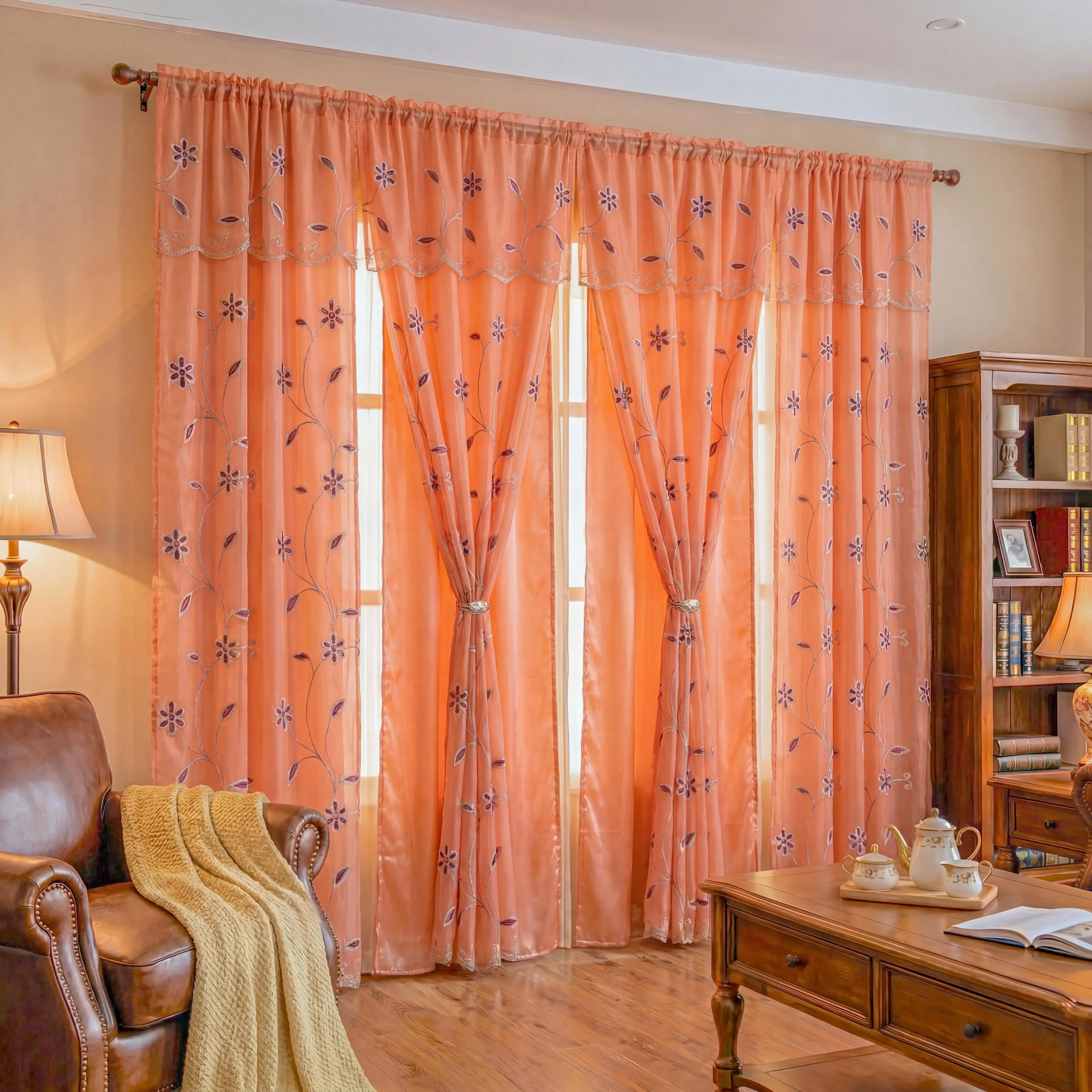 4 Pcs 52x84 in Vine Floral Embroidery Doli Curtains - Double-Layered Design with Waterfall Valance & Rod Pocket, Beautiful Patterns Drape Style Curtains for Living Rooms, Bedrooms, QF29 Luxury European  Holiday Decor decorative