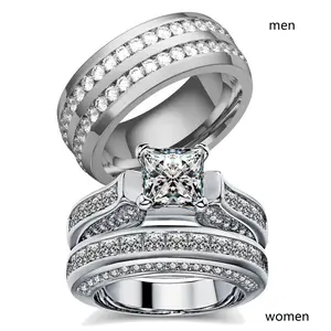 Ringcrown Couple Rings Matching Rings Princess 1.5ct CZ White Gold Plated 2pcs Women Wedding Ring Sets For Him And Her Ring Sets Men Blue Titanium Steel Wedding Band