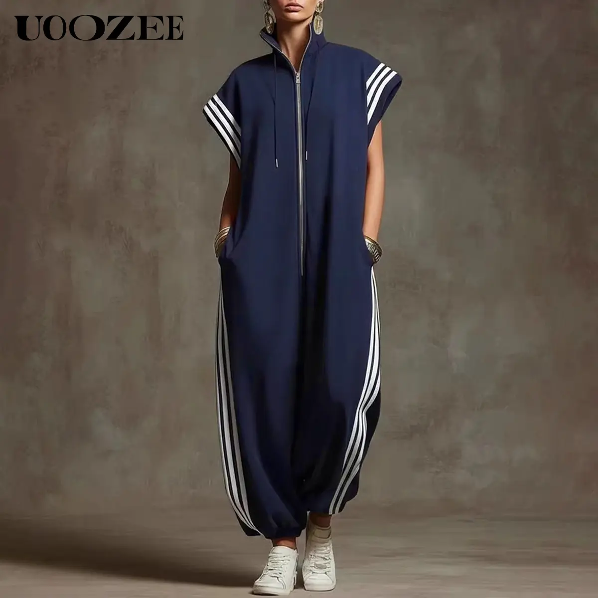 UOOZEE Women's 2026 New Summer Plus Size Contrast Color Baseball Style Jumpsuit - 100% Polyester, Loose Short Sleeves, Zipper Stand Collar, Ankle Length, Side Stripe, Pockets, Oversized, 7 Colors, T-Shirt Inspired, Drawstring-Accented, Loungewear,summervi