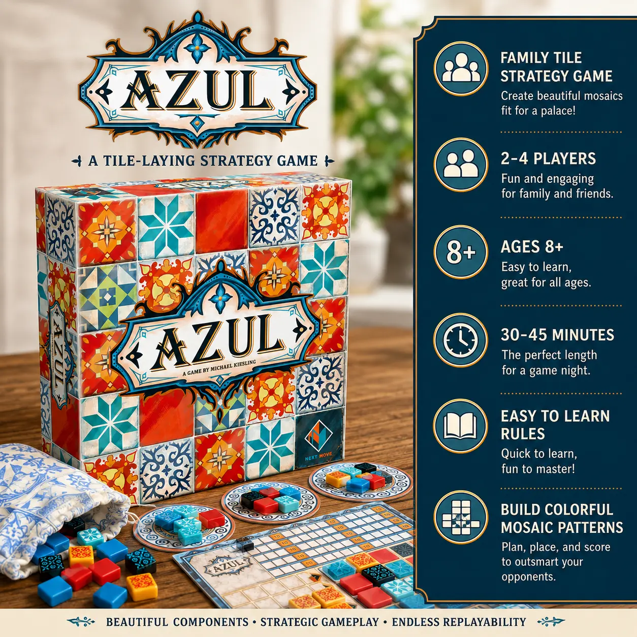 Azul by Next Move Tile Strategy Board Game for 2-4 Players Ages 8+, Family Game Night, 30-45 Minute Play