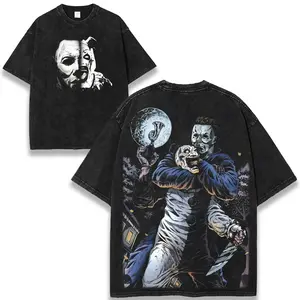 Halloween Michael Myers Art the Clown Graphic Tee Horror Movie Fan Shirt 230GSM Washed Cotton Vintage Men Top Slasher Icons Tribute Halloween Franchise Terrifier Legacy Collector Gift Streetwear Unisex Tee