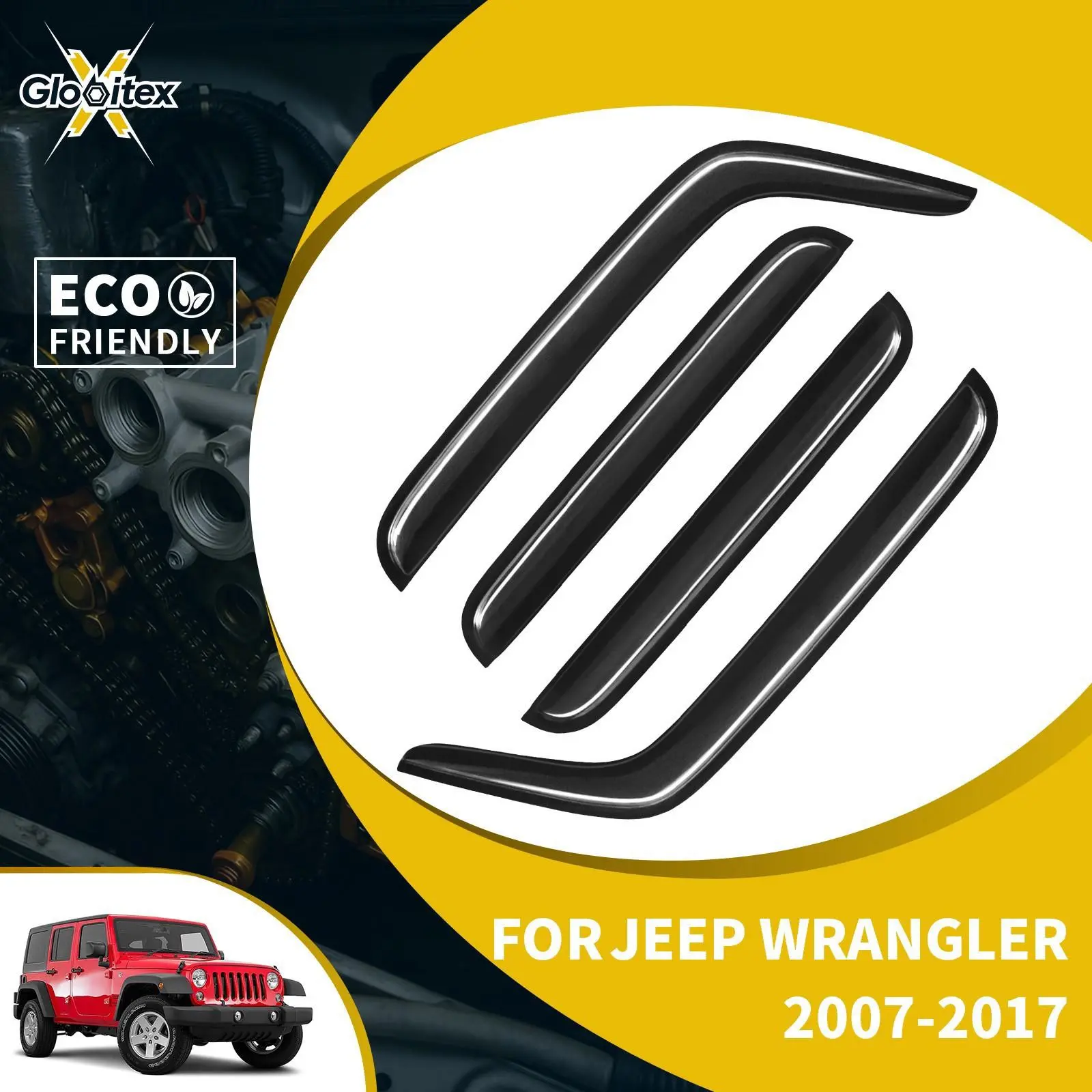 Tape-On Outside Sun Rain Guards for Jeep Wrangler 2007-2017, 4PCS Car Window Mount Side Window Deflectors & Visors, Sunvisor Auto Parts Accessories, Vehicle Car Exterior Add-Ons, Car Accessories, Accessories For Car