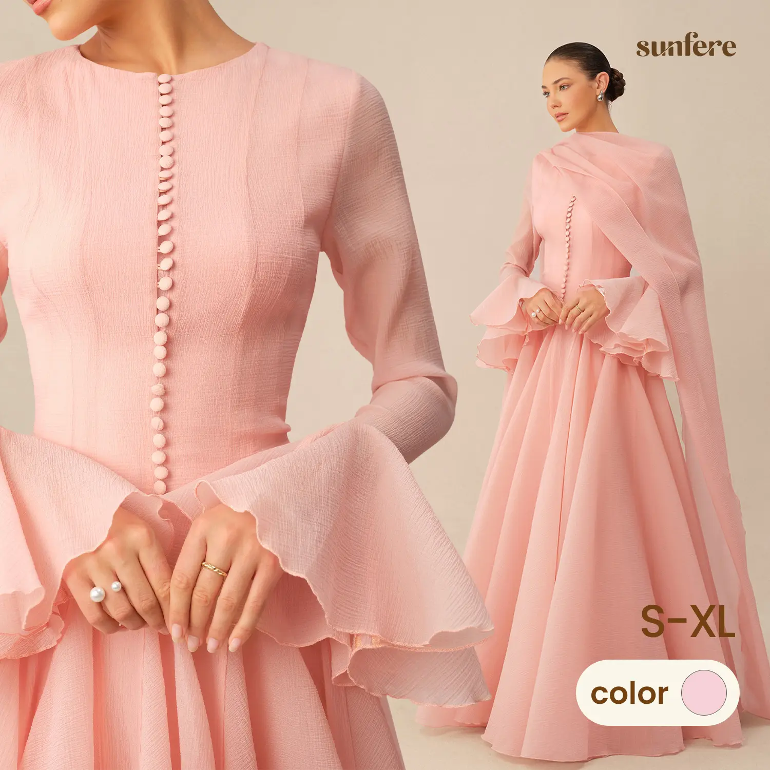 Sunfere Pink Textured Flare Sleeve Maxi Dress - Modest Elegant Bell Sleeve Gown with Hijab Scarf, Formal Religious Event Wedding Ceremony
