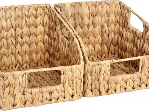 2-Pack Handwoven Wicker Pantry Baskets with Built-in Handles, Water Hyacinth Storage Baskets for Organizing Shelves