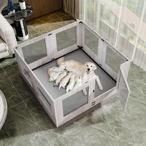 Bingopaw Large Dog Whelping Box Playpen: Indoor Pet Giving Birth Box Cage with Safety Rail and Waterproof Fertility Pad - 24” Tall Wooden Puppy Exercise Play Pen with Clear Acrylic Window for Small Medium Dogs