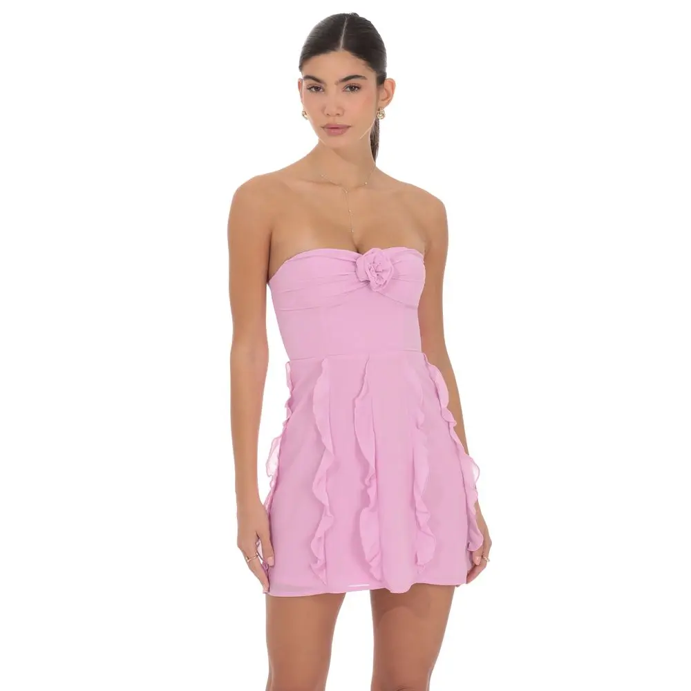 Chiffon Rosette Ruffle Dress in Pink