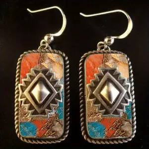 2pcs Retro Bohemian Blue Turquoise Like Resin Square Dangle Earrings For Men And Women