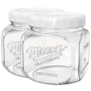 2 Pc Glass Cookie Jar with Airtight Lid, Half Gallon Mason Jar Wide Mouth for Food Storage, Flour, Sugar, Pasta, Sourdough - Square Glass Storage Containers with Marks, 64 Oz Canning Jars