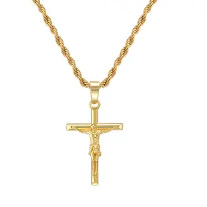 LANDEN Crucifix Cross Necklace 18K Gold Plated Cross Pendant with 3mm 22" Rope Chain for Men Women