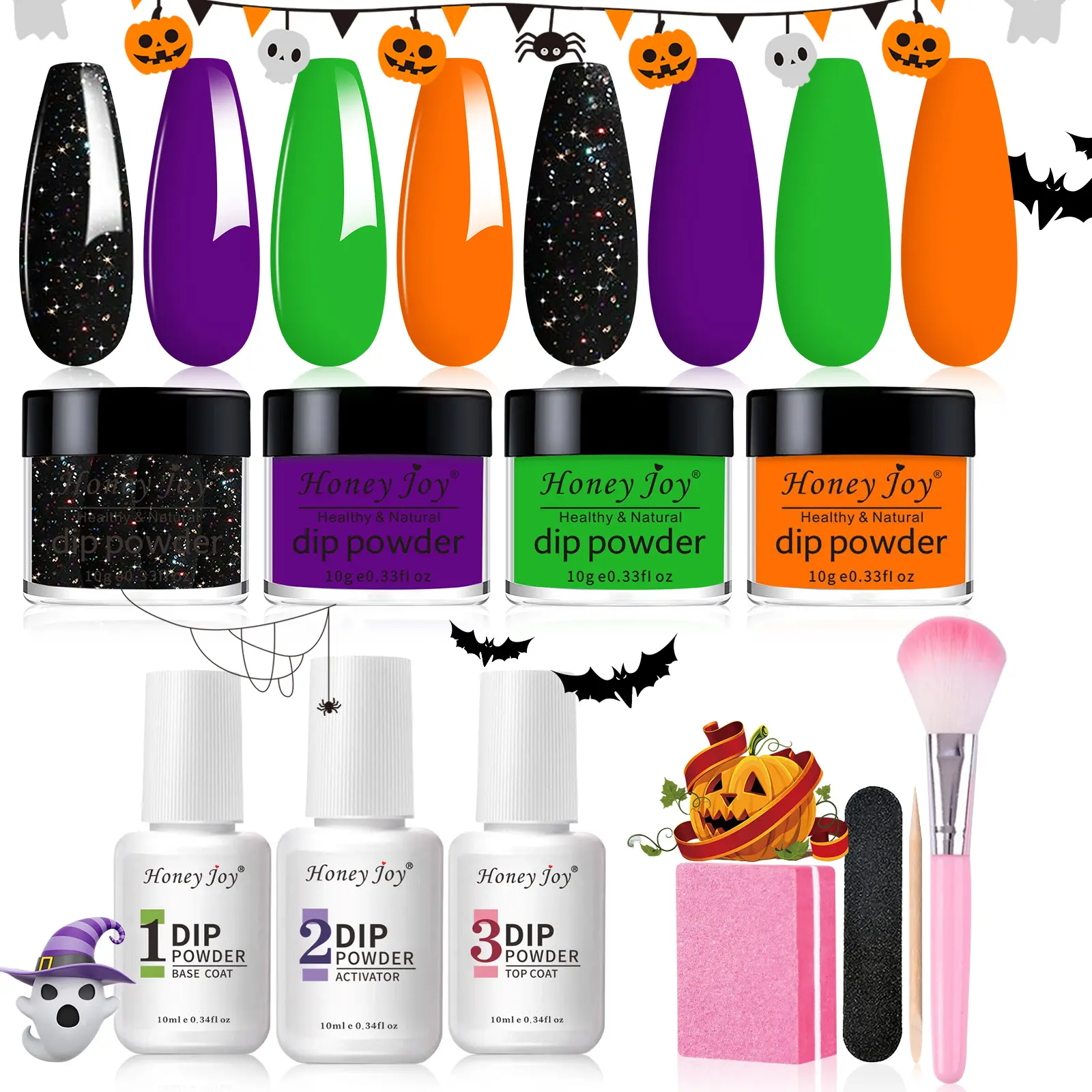 Honey Joy Halloween Dip Powder Nail Kit with Dip Liquid Set, Black Glitter Purple Green Orange, Beginner Friendly Long Lasting Nail Dip Powder Starter Kit, Nail Art, Dip Powder Nails