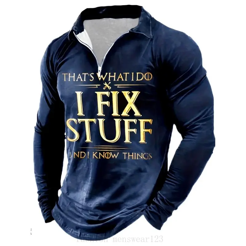 2026 menswear Men'S Casual Long Sleeve Zip Up Polo Shirt with "I Fix Stuff" Letter Print, Polyester Knit Fabric, Slight Stretch, All-Season Lapel Collar Top, Regular Fit, Chain Detail - 164gsm Knife Mixed Color, men tops