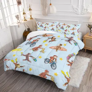 Versatile Curious George Cartoon Print Light Blue And Yellow Color-Block Design Skin-Friendly Brushed Cotton Quilt Bedding Set (1 Quilt, 1/2 Pillowcases, Filling Not Included) Warm And Practical Daily Gift For Children's Room.