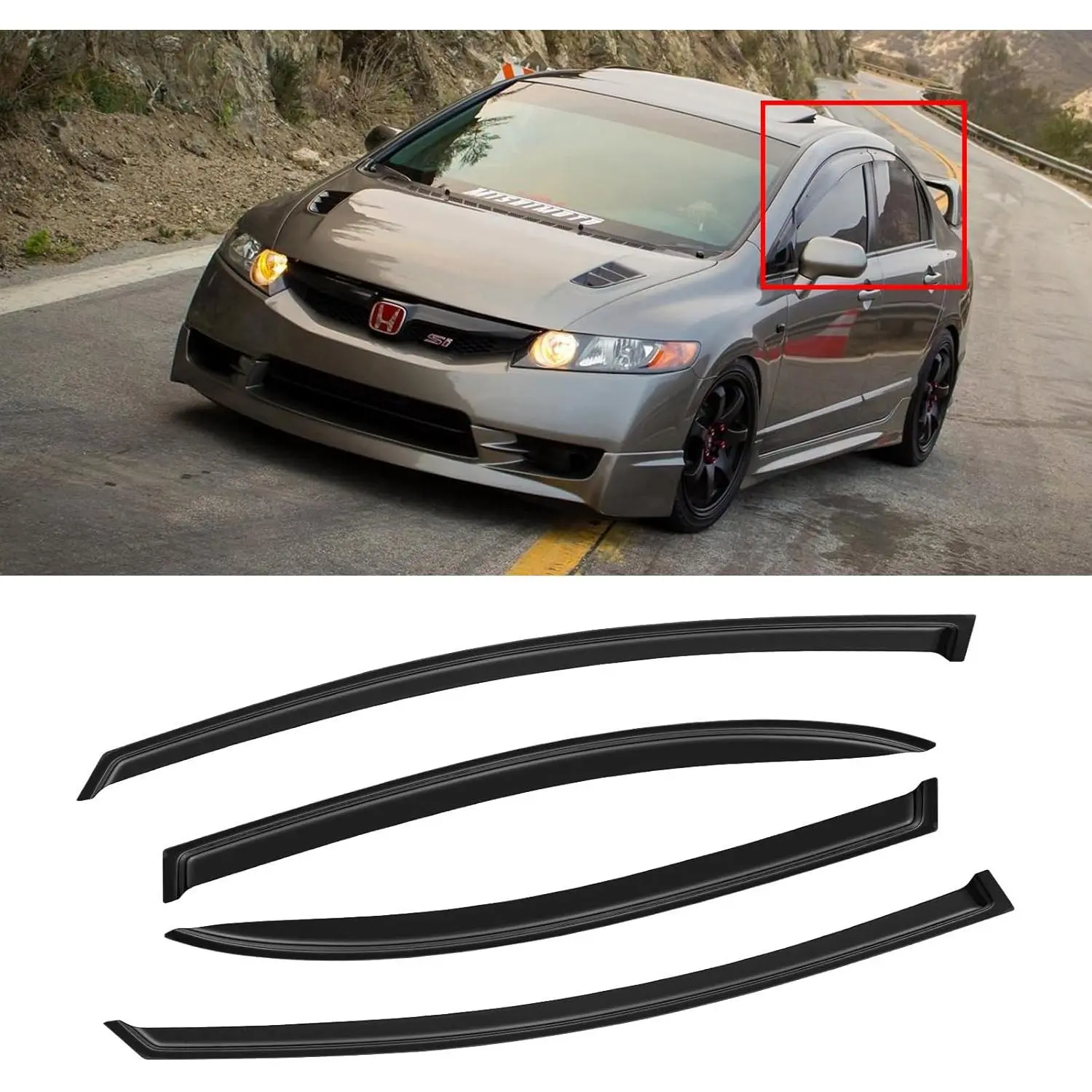 Window Visor for 2006-2011 Honda Civic, Out-Channel Rain Guards Shields Vent Deflector Shade Wind Dark Smoke for 06-11 Civic 2007 2008 2009 2010, Tape-On Outside-Mount, 4PCS