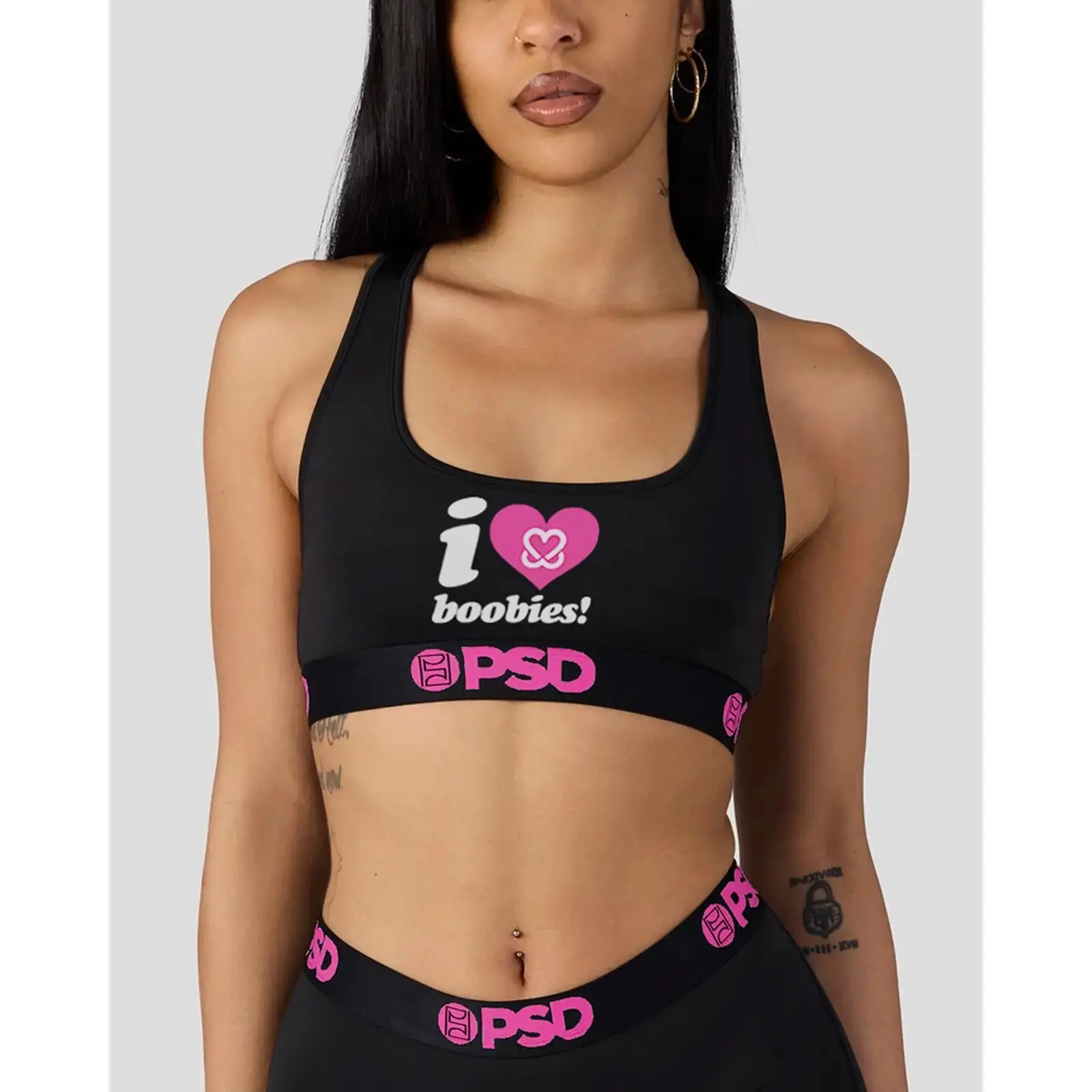 PSD Womens  I Heart Boobies Racerback Sports Bra - Comfortable, Breathable, Ultra-light Fabric, 🎗️ Donation to Keep A Breast with Every Purchase, Breast Cancer Awareness Month