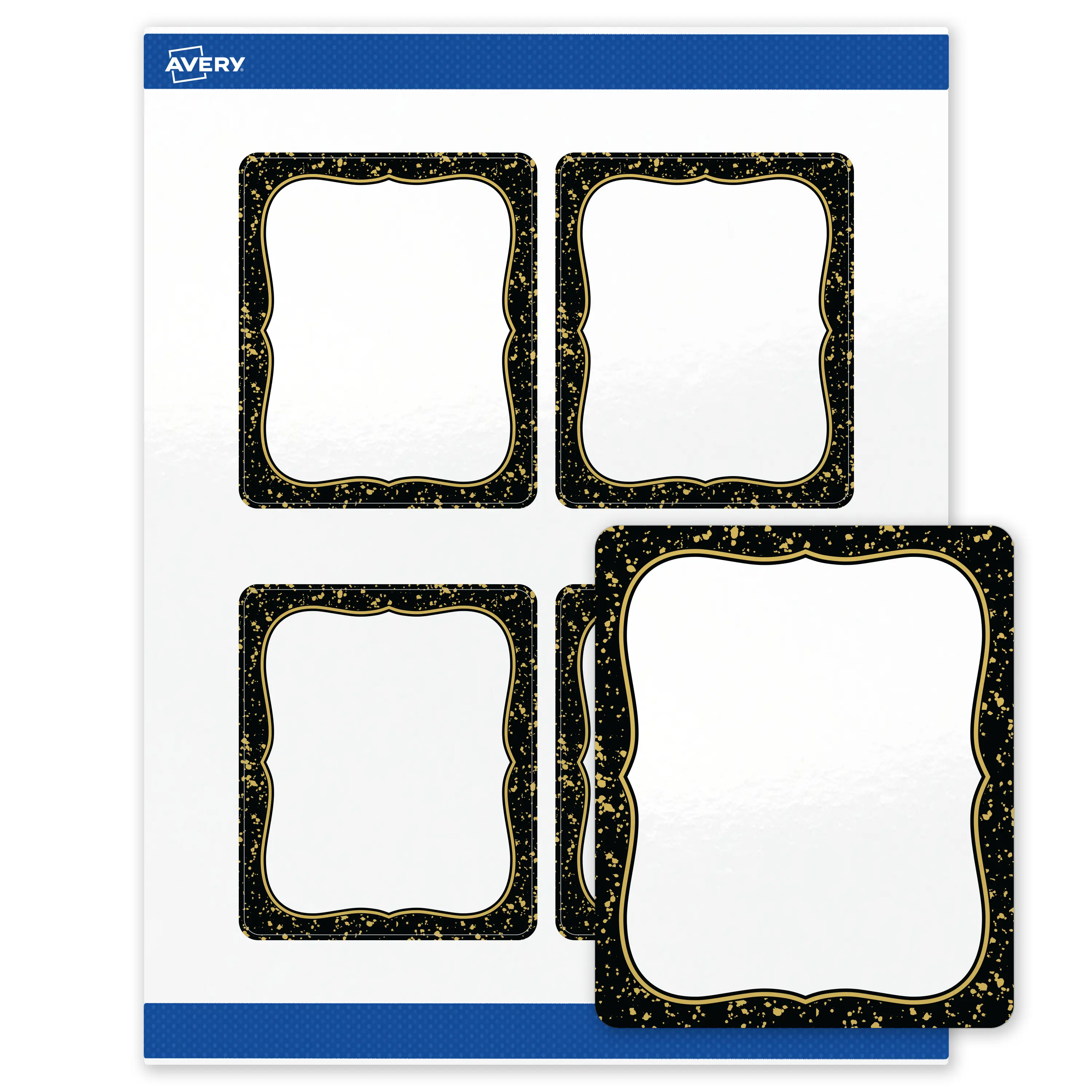 Avery Printable Rectangle Labels, 4" x 3-1/3", Glossy White, Pre-printed Black Border/Metallic Gold Specks Design, Sure Feed Technology, Laser & Inkjet Compatible, 80 Total