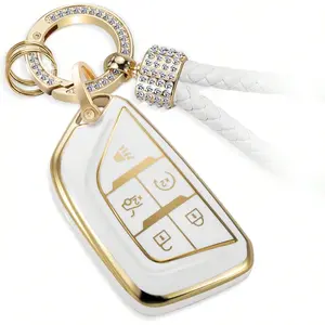ACEBOY For Cadillac Key Fob Cover With Luxury Diamond Bling Braided Keychain, Upgraded Soft Case For 2020-Up CT4 CT5 CT6 XTS XT4 XT5 ATS Etc.(5 Buttons) Fob Shell