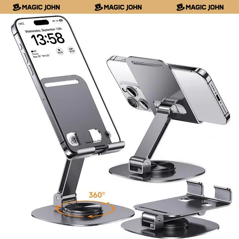 MAGIC JOHN 360-Degree Stable Alloy Adjustable Mobile Phone & Tablet Mount, Compact Pocket-Ready Foldable Ultra-Strong Silicone Support Electronics Accessory, Durable, Pocket‑Ready Fold, Zinc Metal