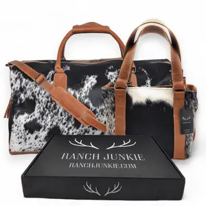 Gift Set Black Highlands Large Genuine Cowhide Weekender Duffel Bag+ Black Tote Cowhide Purse