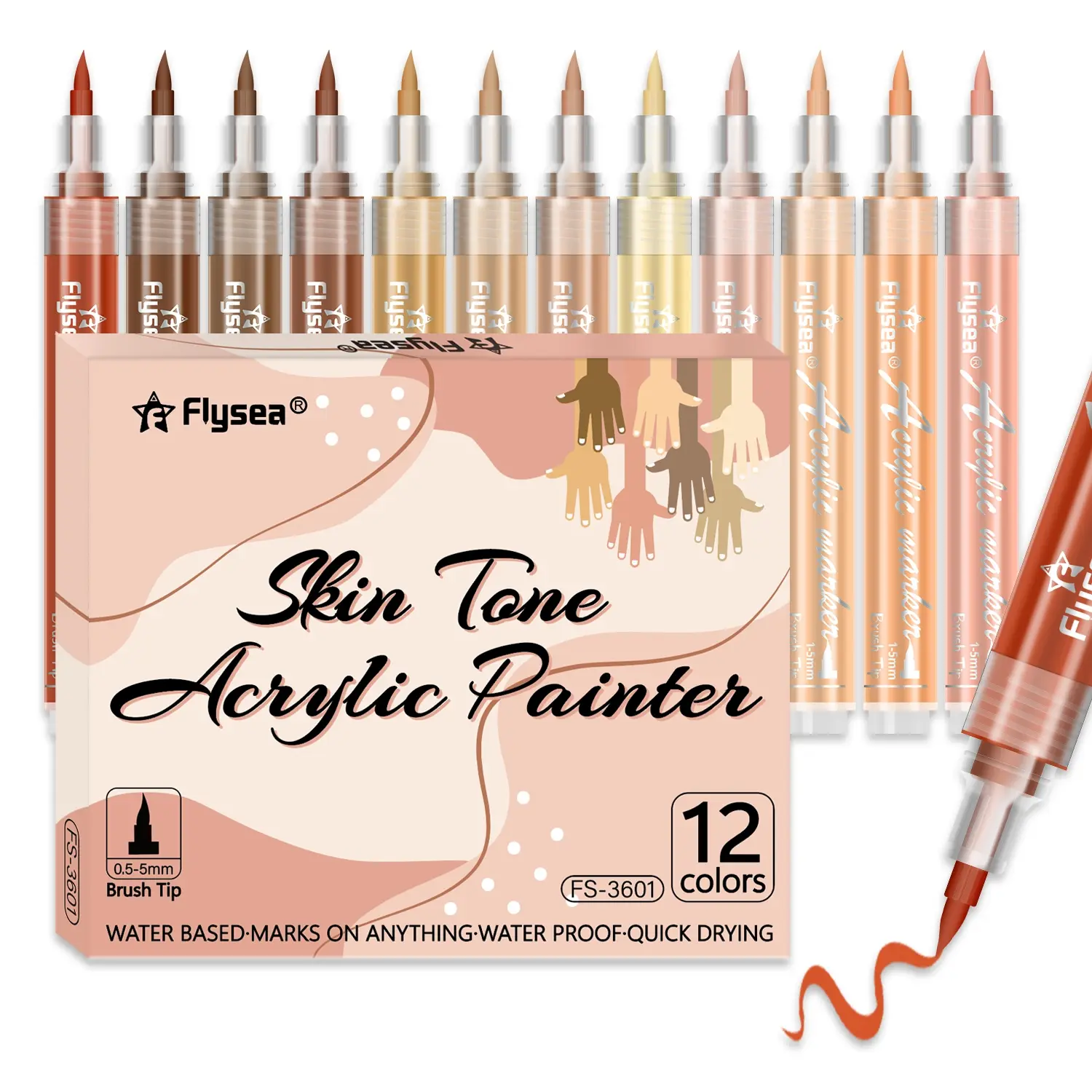 12 Pack Skin Tone Markers Set, Acrylic Paint Pens for Rocks Canvas Glass Ceramic Wood Sketching Portraits Comics Illustrations, Soft Brush Tips
