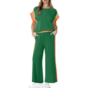 Women's Dark Green Color Block Two-Piece Set – Casual Comfort for Summer Outings