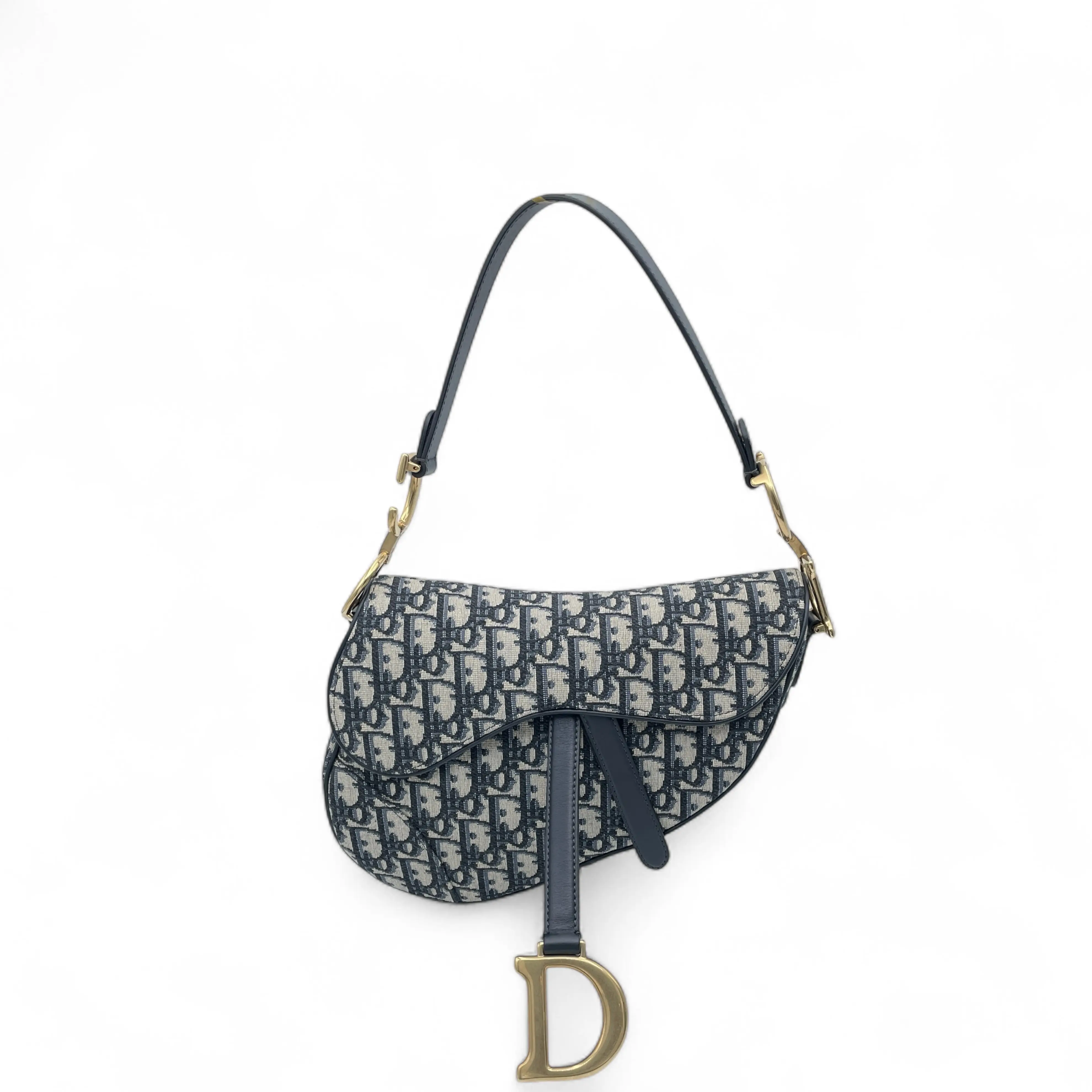 Pre-owned Dior Leather tote bags Medium Saddle Bag Oblique Navy (yl1014m5)