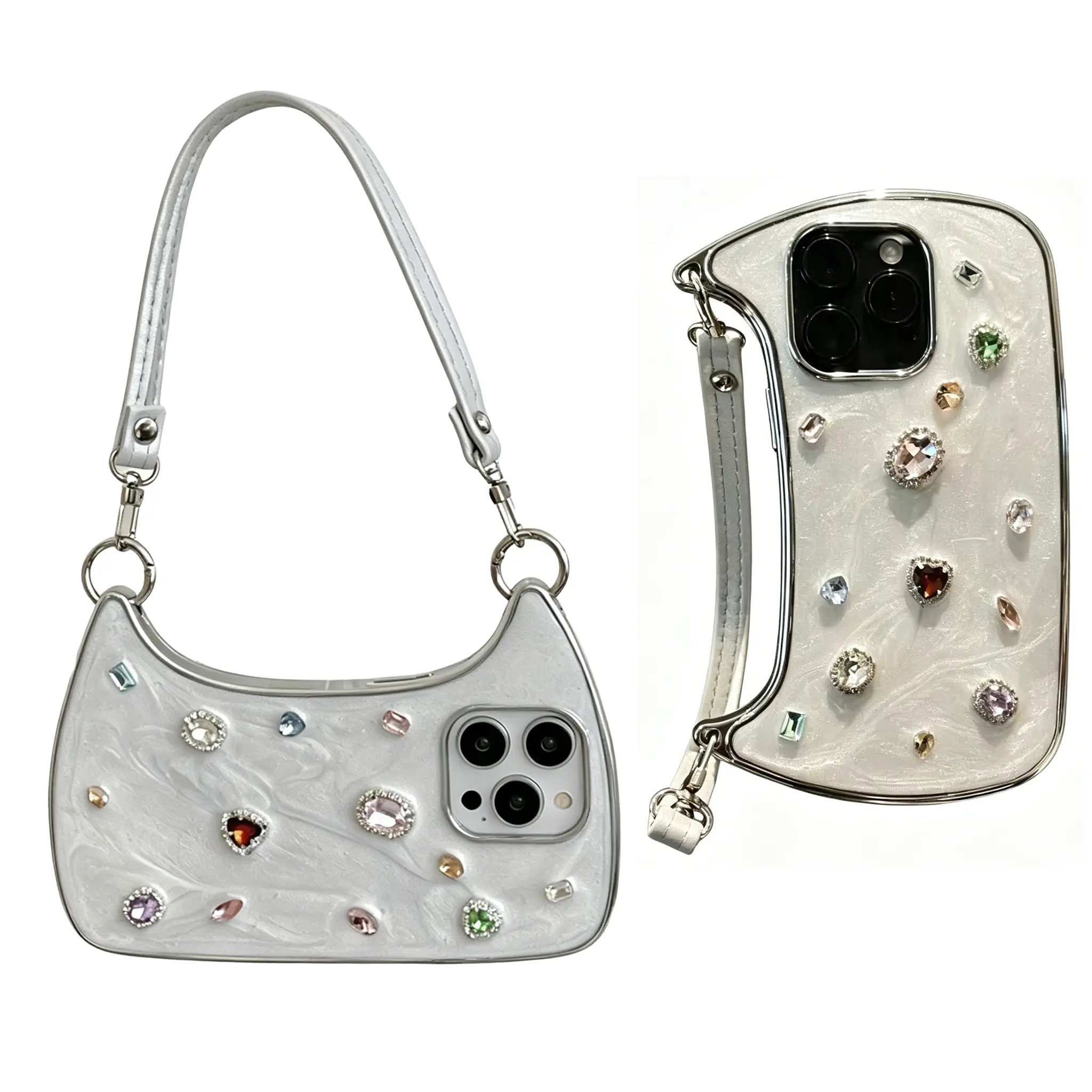 (Case & Nova) Epoxy-Coated Sparkling Gemstones Rhinestone Smartphone Case, 3D Slim Fit Nordic Shockproof TPU Cover with Detachable Hand Strap for iPhone 17 Pro Max,16,15 Plus,14,13,12,11 - Stylish Cellphone Accessories for Device Handheld Protection, Devi